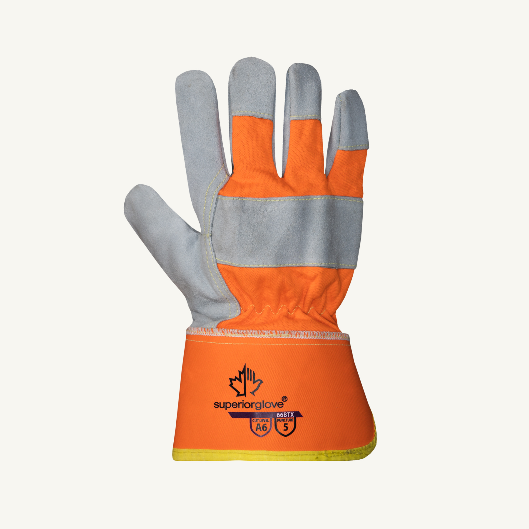 Superior Glove® Endura® 66BBTX Hi-Vis Split Leather Fitters A6 Cut Gloves with Grip Strips